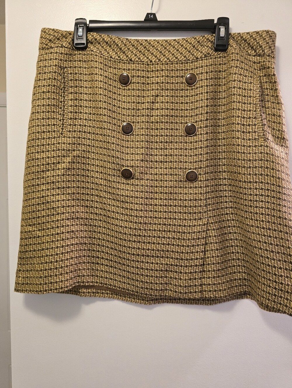 LOFT Double Breasted Tweed Button Mini Skirt Mustard Brown Tan Size 14